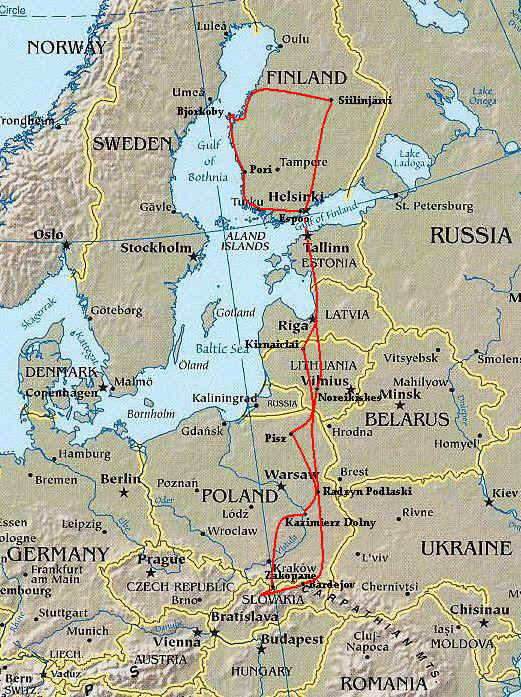 Vuoden 2007 reissun kartta. Tarkemmat reittikartat lytyvt kunkin pivn kohdalta.